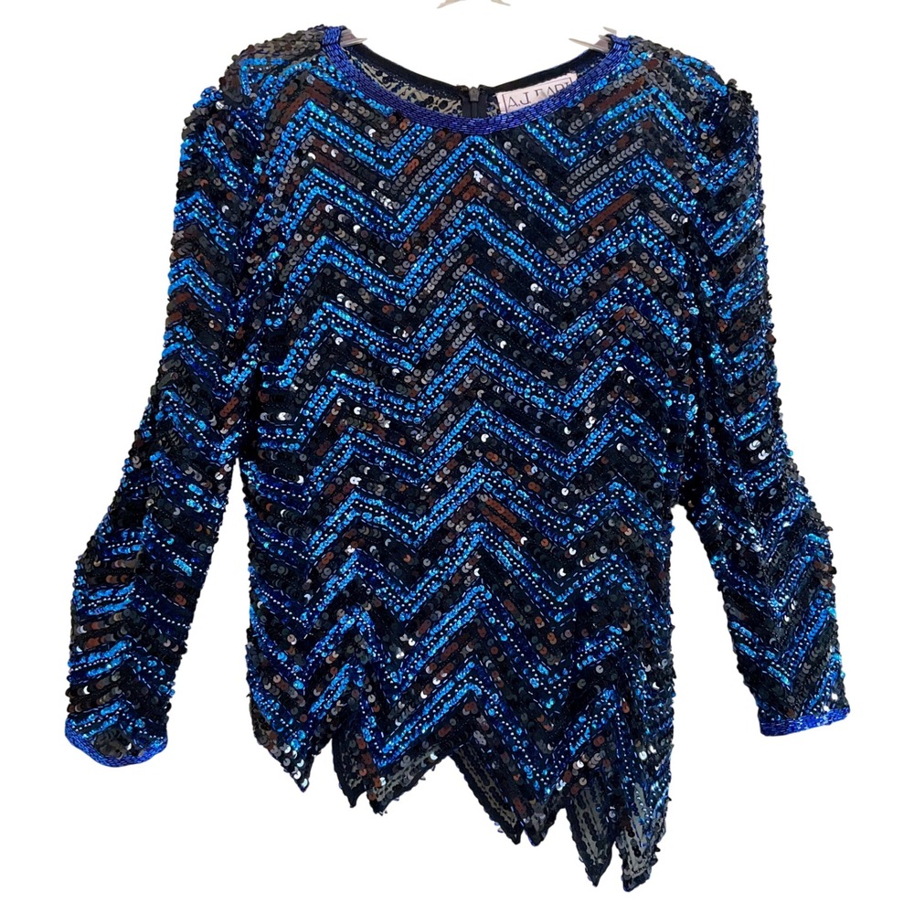 AJ Bari Vintage Blue Black Sequined Chevron Handkerchief Hem Top Silk Glam Sz 12